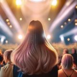 大勢の視聴者が見守るステージ上で、スポットライトを浴びた世界一の美容師が長髪の美しい女性の艶やかな髪をケアしている