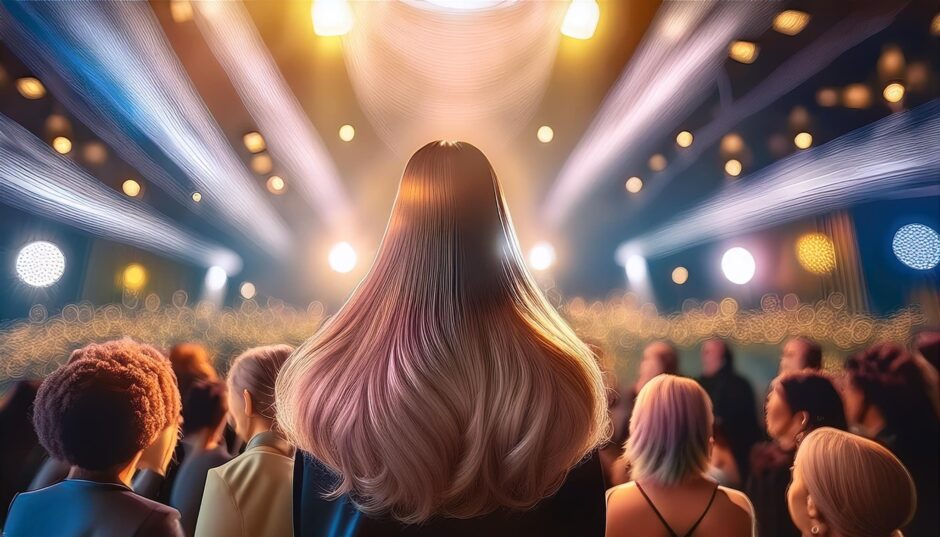大勢の視聴者が見守るステージ上で、スポットライトを浴びた世界一の美容師が長髪の美しい女性の艶やかな髪をケアしている