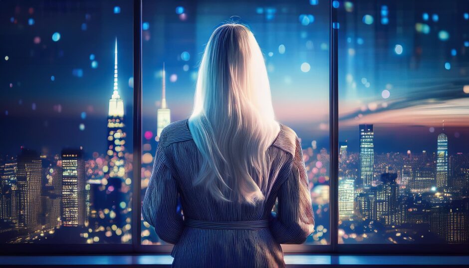 摩天楼がきらめく夜景をバックに。美しい白髪の若い女性の後ろ姿がキラキラと輝いている