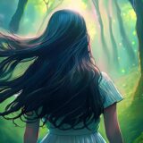 黒髪のロングヘアの女の子が動きます。モリンガの森の中で精気に満ち溢れた最もリアルなイメージ