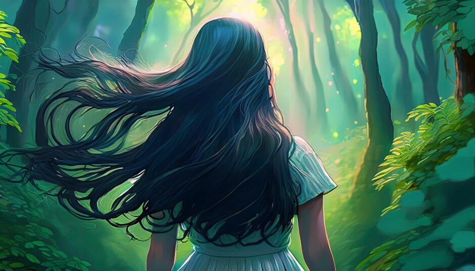 黒髪のロングヘアの女の子が動きます。モリンガの森の中で精気に満ち溢れた最もリアルなイメージ
